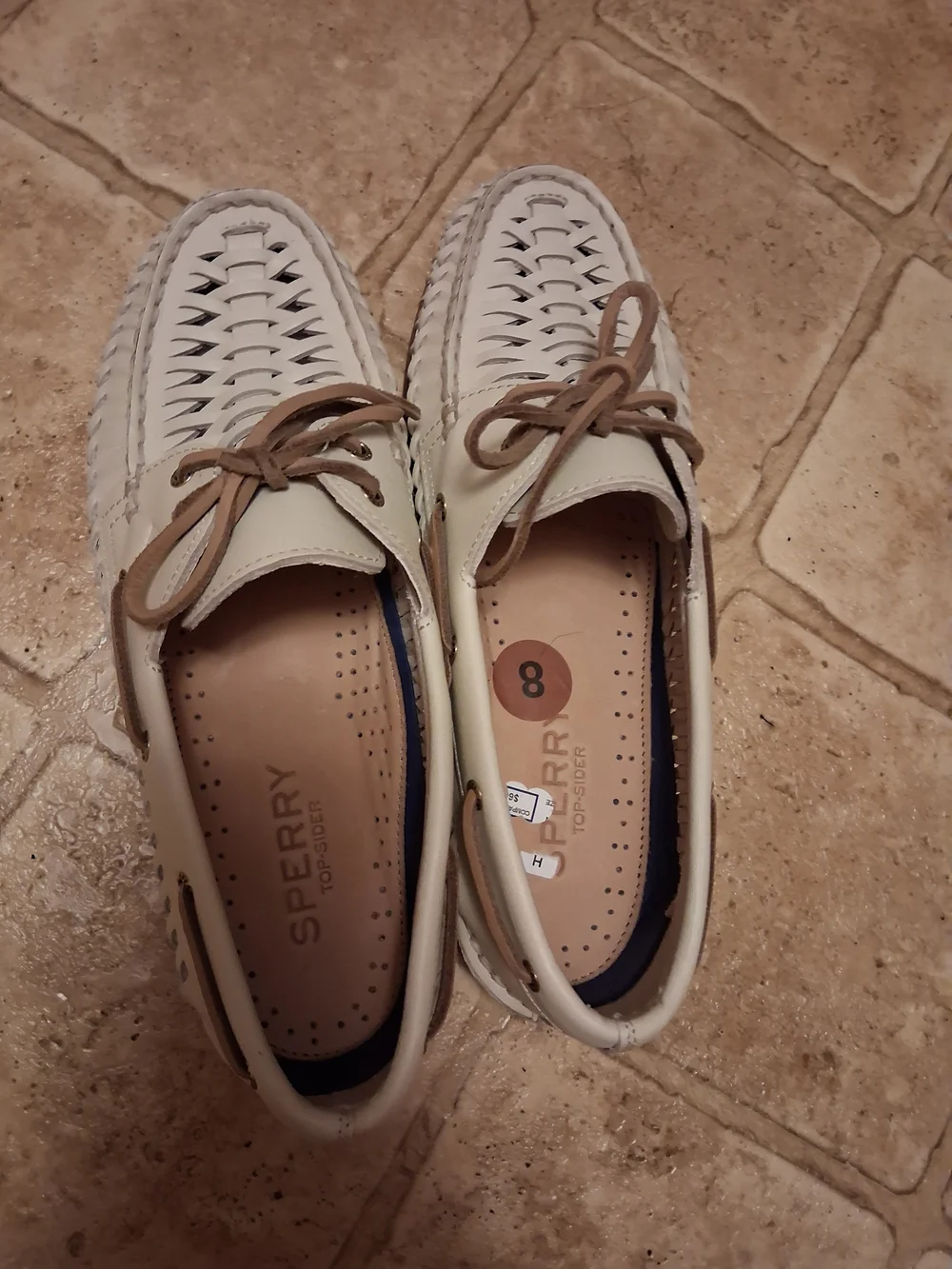 Sperry Cream Woven Leather Flats with Tan Laces